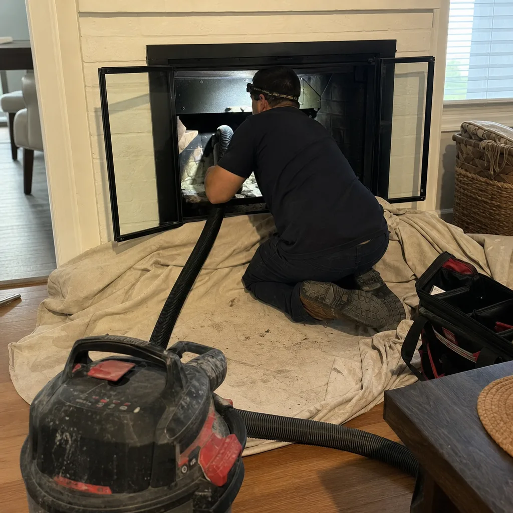 Professional technician performing a thorough chimney cleaning and inspection