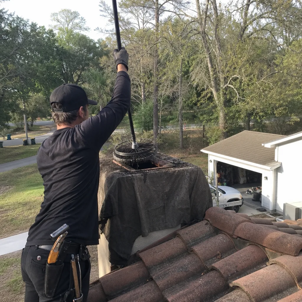 Professional chimney sweep cleaning a chimney flue with a rotary brush.