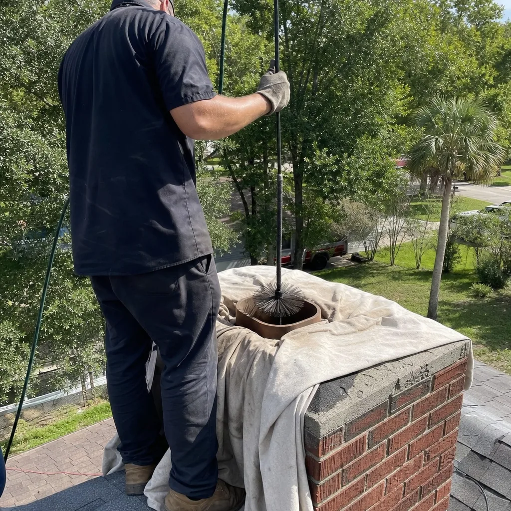 Professional chimney sweep cleaning a brick fireplace chimney from the roof