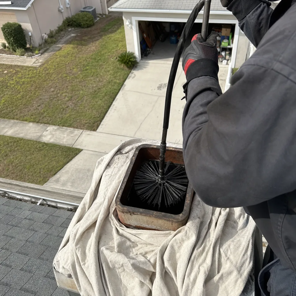 Technician performing chimney sweep and gas fireplace maintenance on a roof.