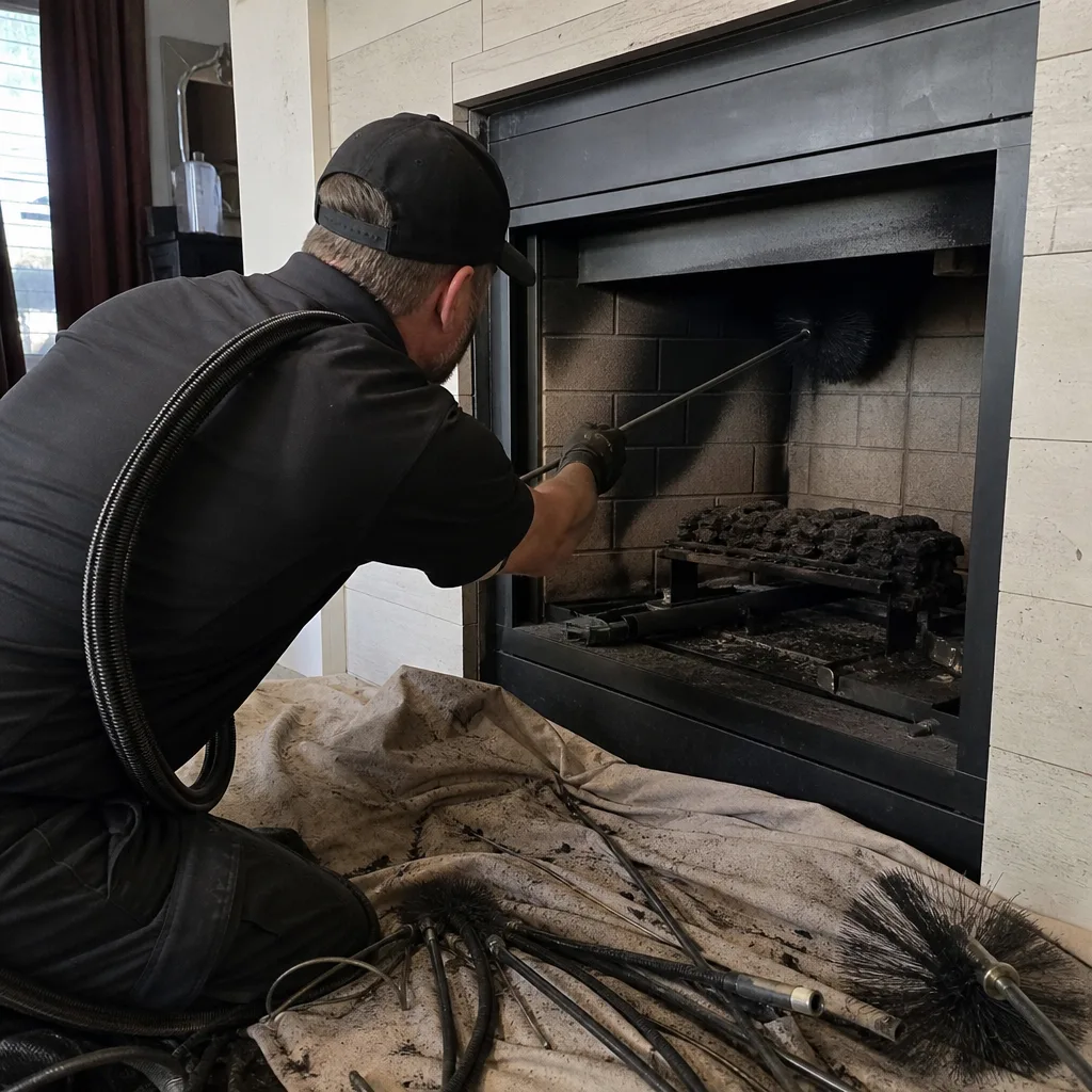Professional technician performing maintenance and cleaning on a residential gas fireplace